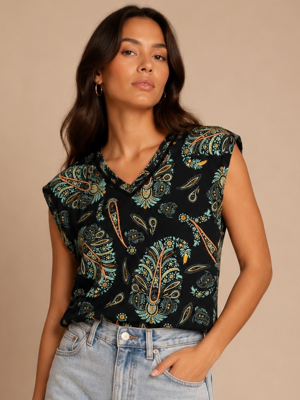 Valerie Stevens Paisley Boho Blouse Top Navy Blue Size M Cottagecore